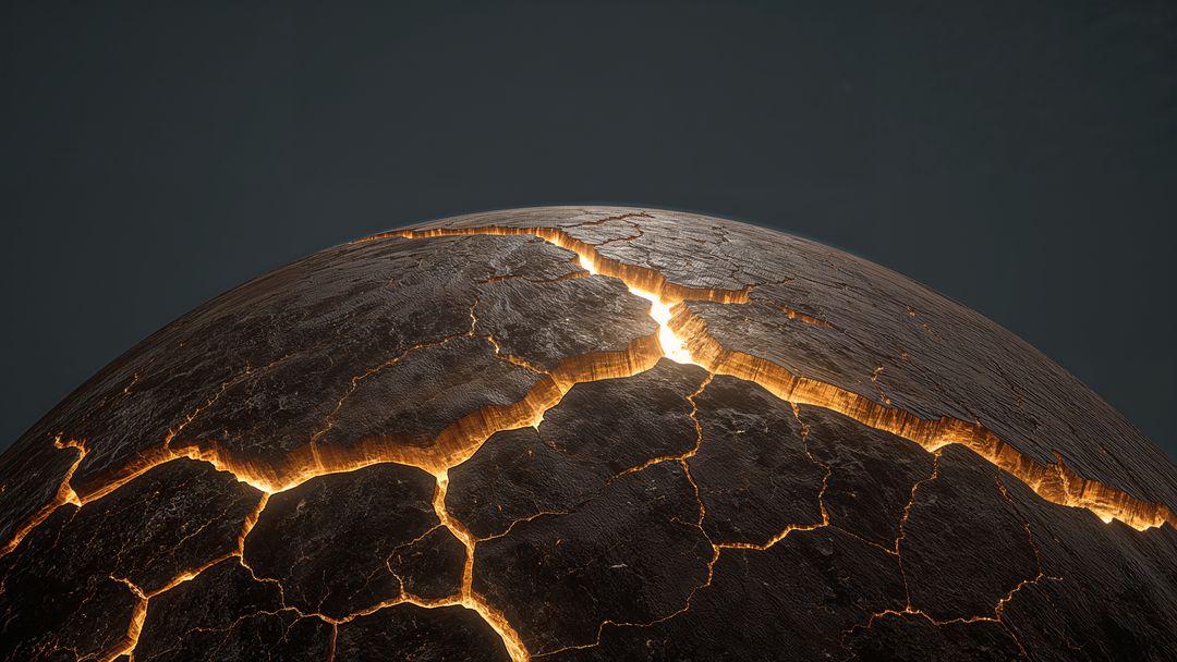 Glowing cracked sphere with molten earthquake fissures