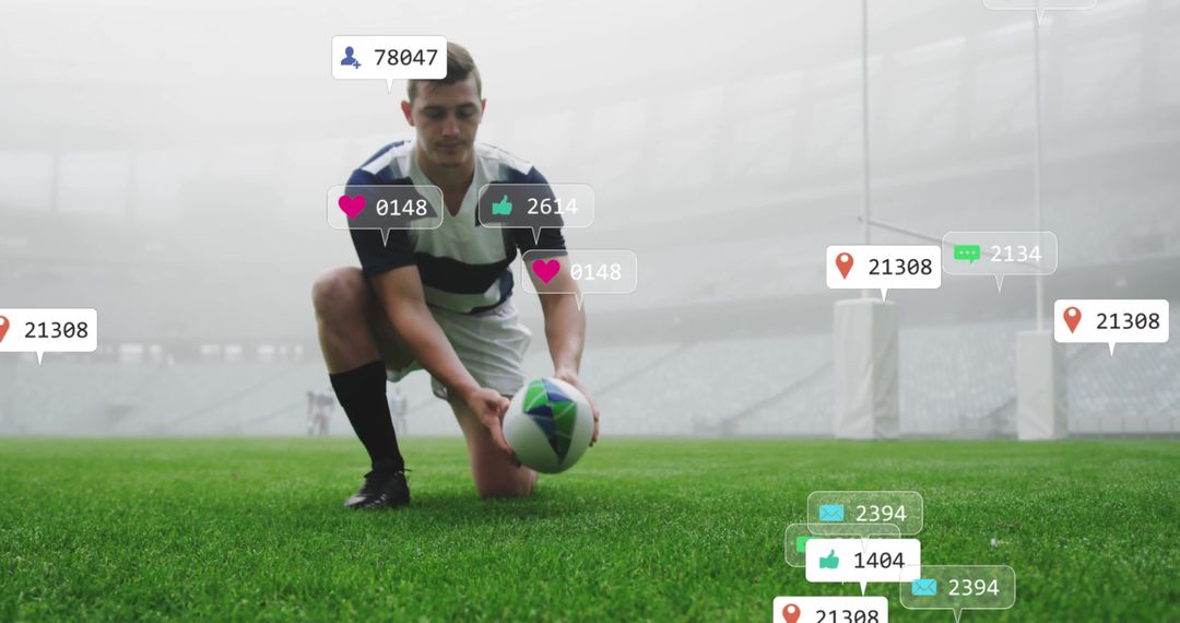 Focused Rugby Player With Digital Interaction Icons at Stadium