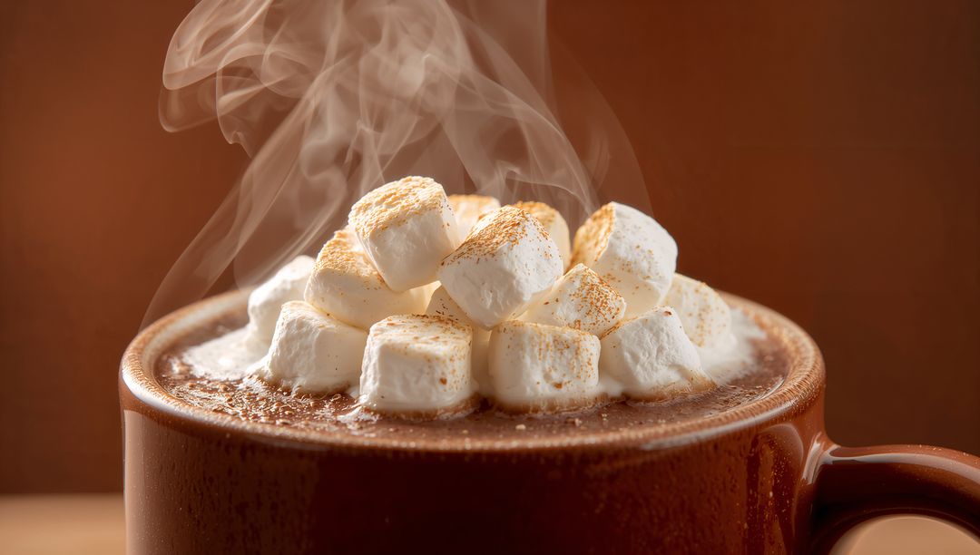 Steaming Hot Chocolate with Toasted Mini Marshmallows in Brown Ceramic Mug Close-Up