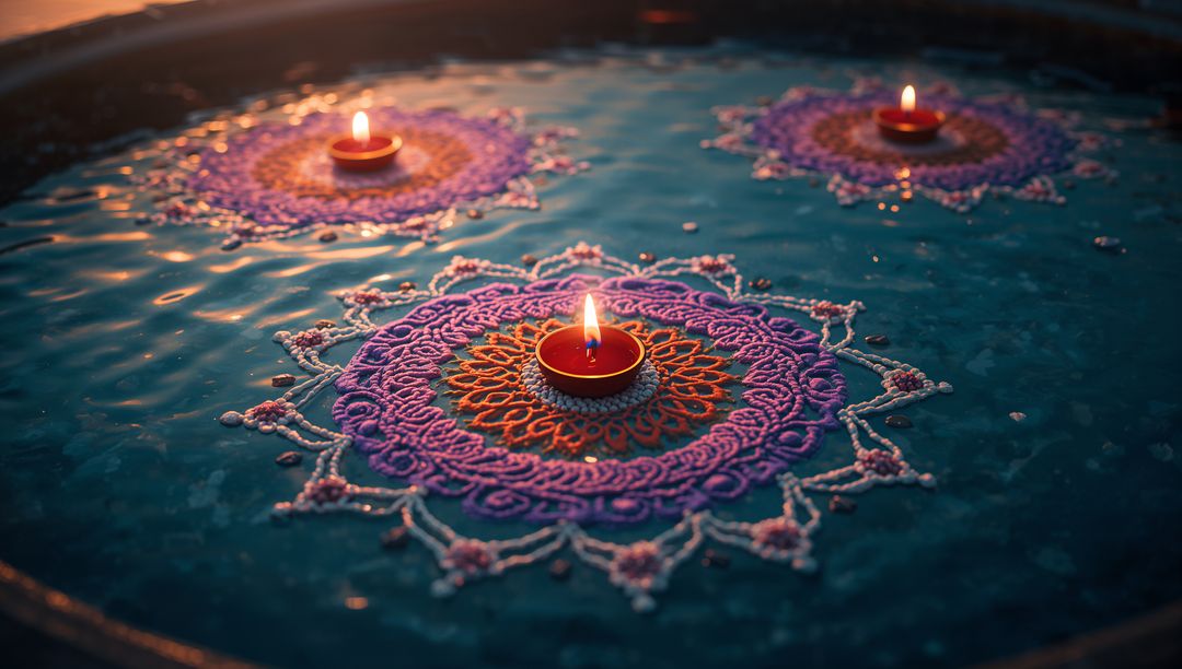 Vibrant Floating Lamps Over Intricate Water Rangoli