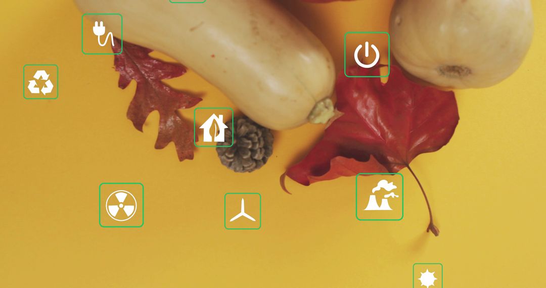 Butternut Squash Autumn Flatlay with Sustainable Energy Icons on Mustard Yellow Backdrop