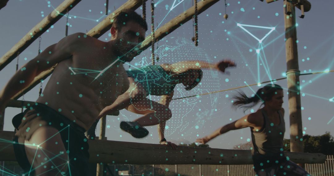 Athletes Tackling Outdoor Obstacle Course with Tech Overlay
