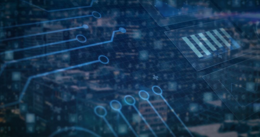 Futuristic City with Digital Interface and Blue Circuit Elements