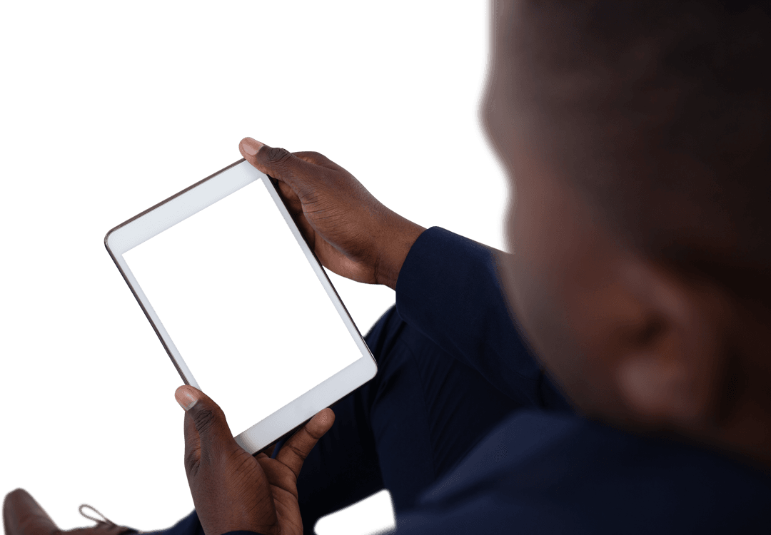 Transparent View Businessman Holding Tablet from Behind