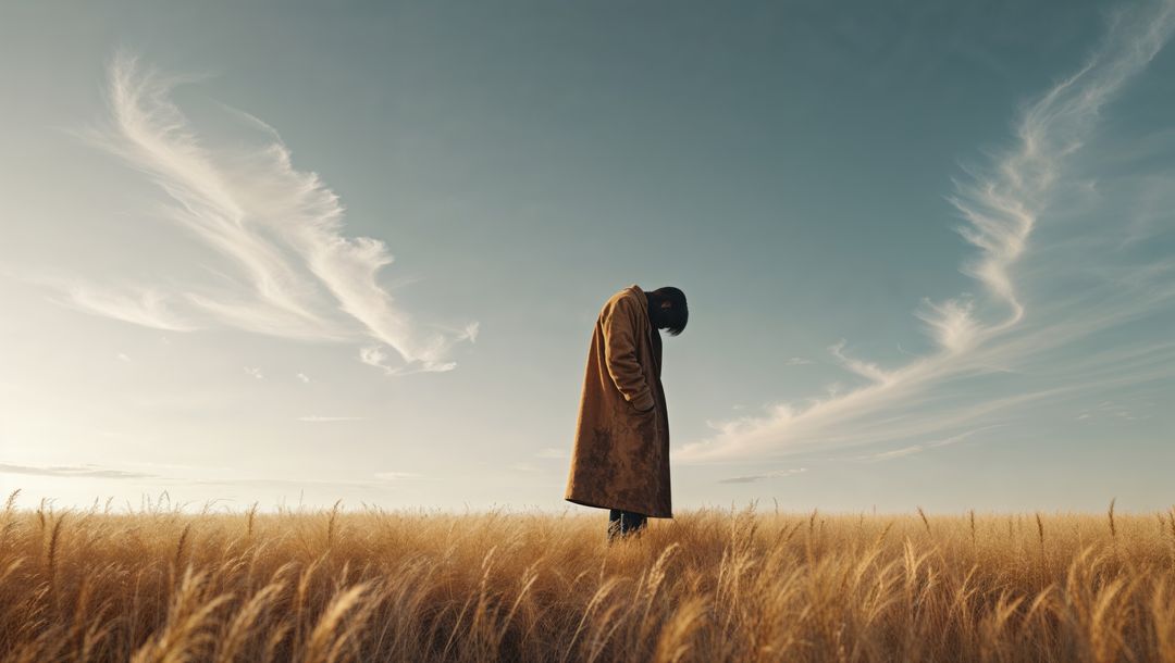 Silhouetted figure in field under dramatic sky, forgiveness concept