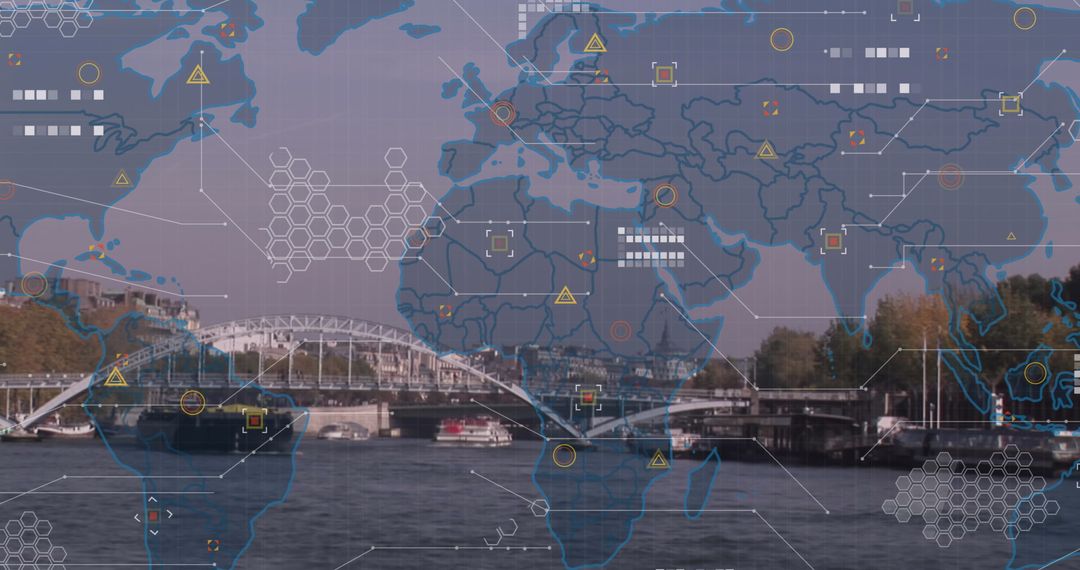 Global Data Processing Illustrating Financial Networks in Cityscape