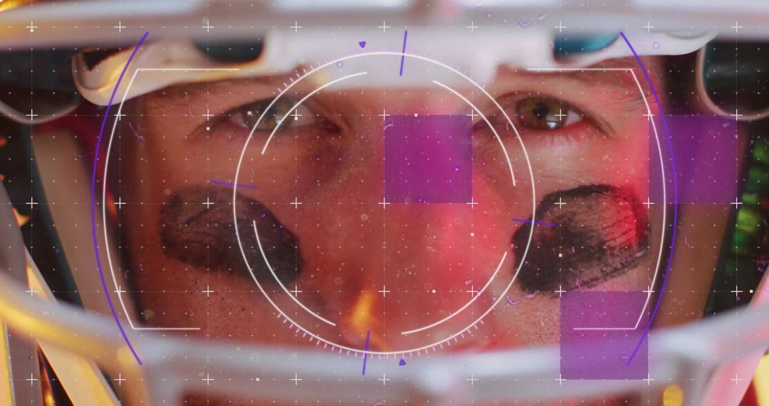 Caucasian Football Player with Helmet and Data Overlay