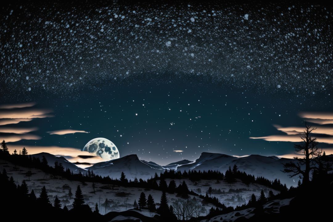 Starry skies and full moon over mountains landscape at night, created using generative ai technology - Free Images, Stock Photos and Pictures on Pikwizard.com