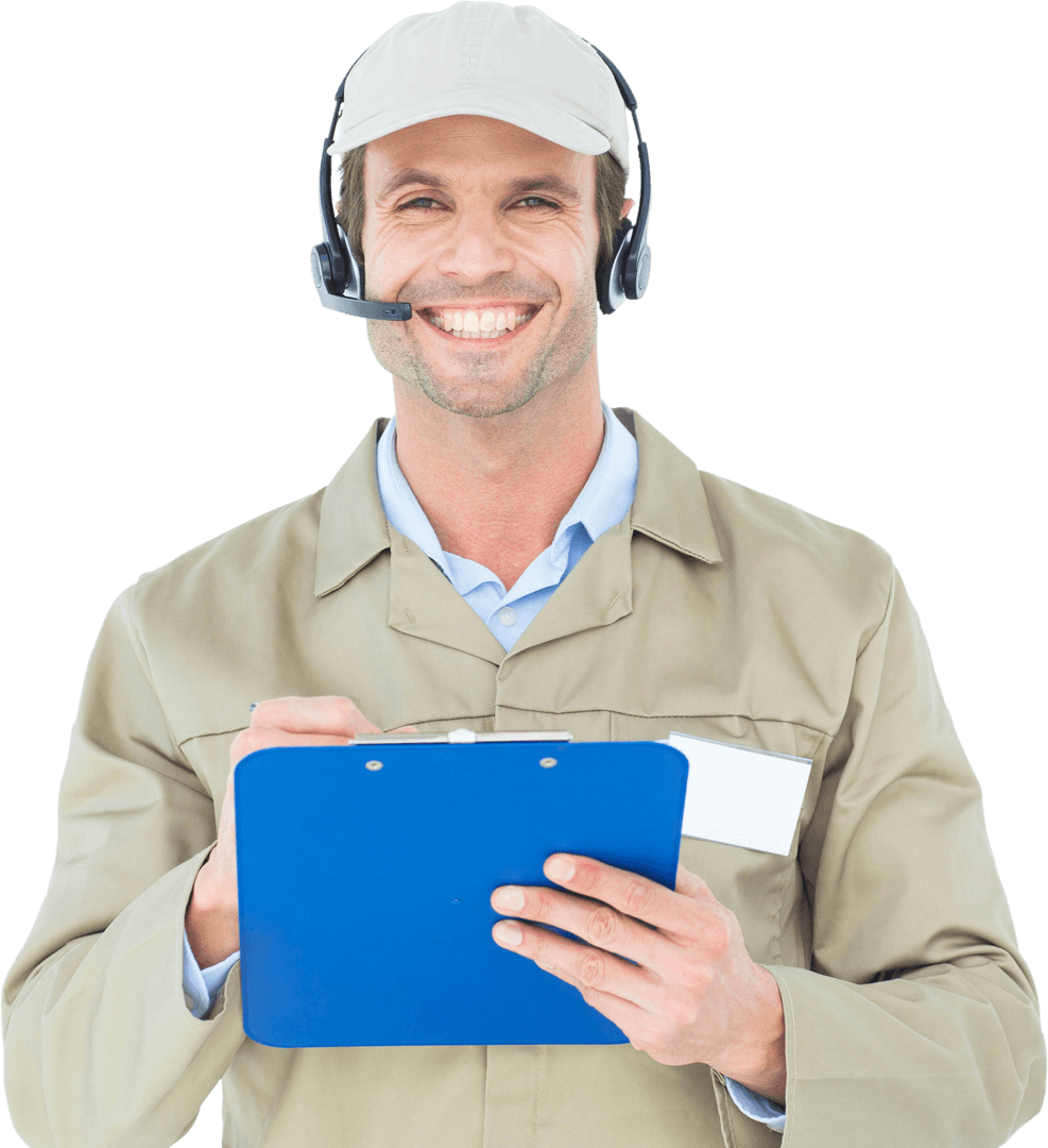 Transparent Delivery Man with Headset Holding Clipboard and Smiling