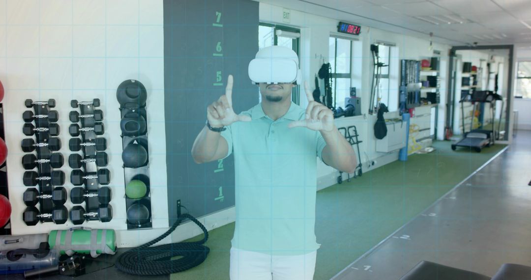 Wearing VR Headset Framing Virtual Interface in Gym for Immersive Fitness Training
