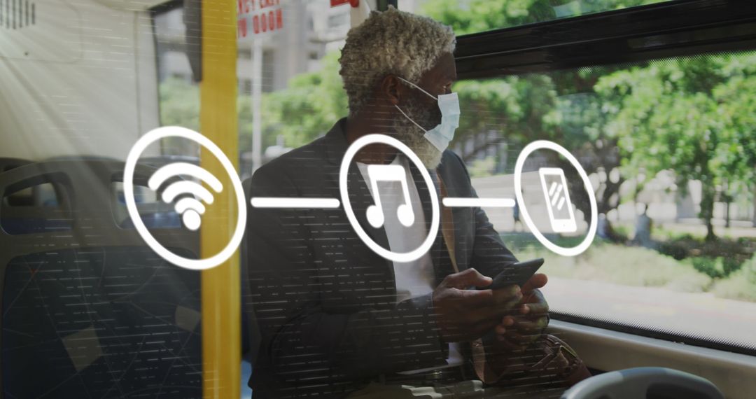 Senior Man Using Smartphone with Digital Technology Icons on Bus