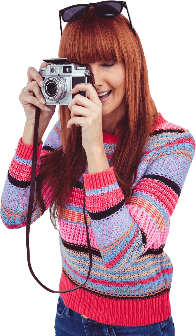 Smiling Woman with Retro Camera Wearing Striped Sweater, Transparent Background