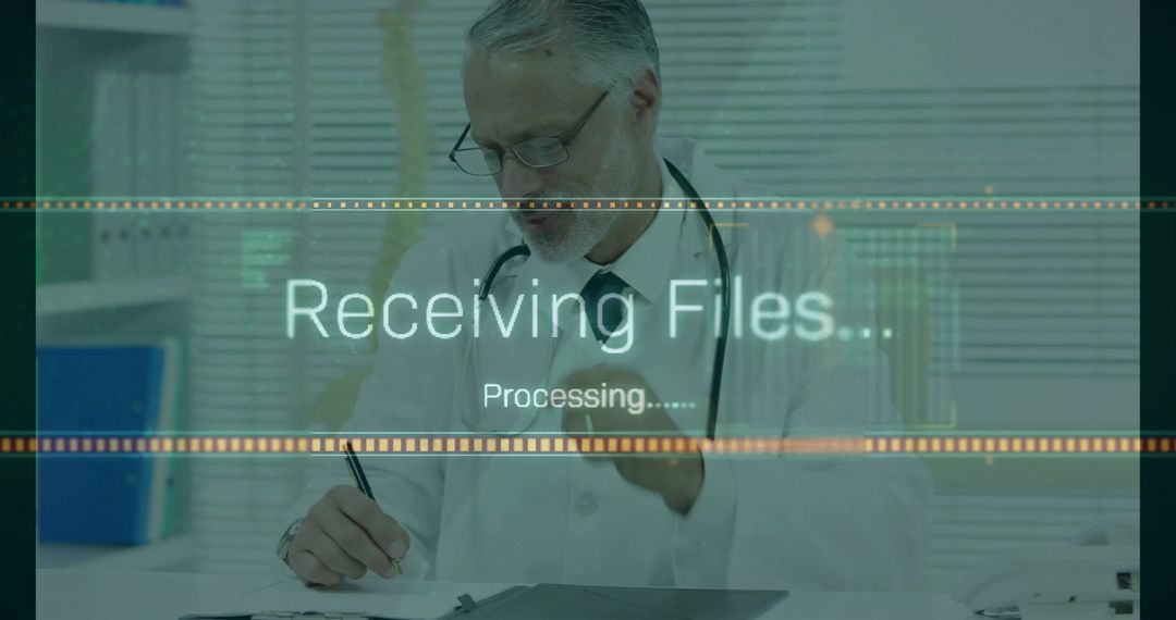 Doctor Processing Files with Technology Overlay in Clinical Office