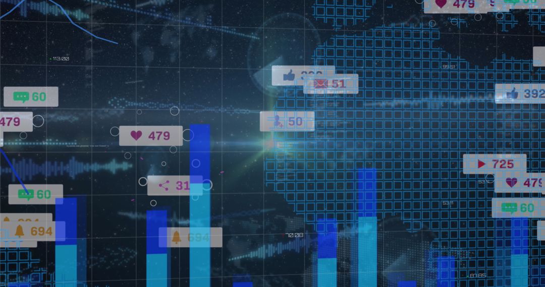 Digital Data Dashboard with Bar Charts and Social Media Icons on World Map