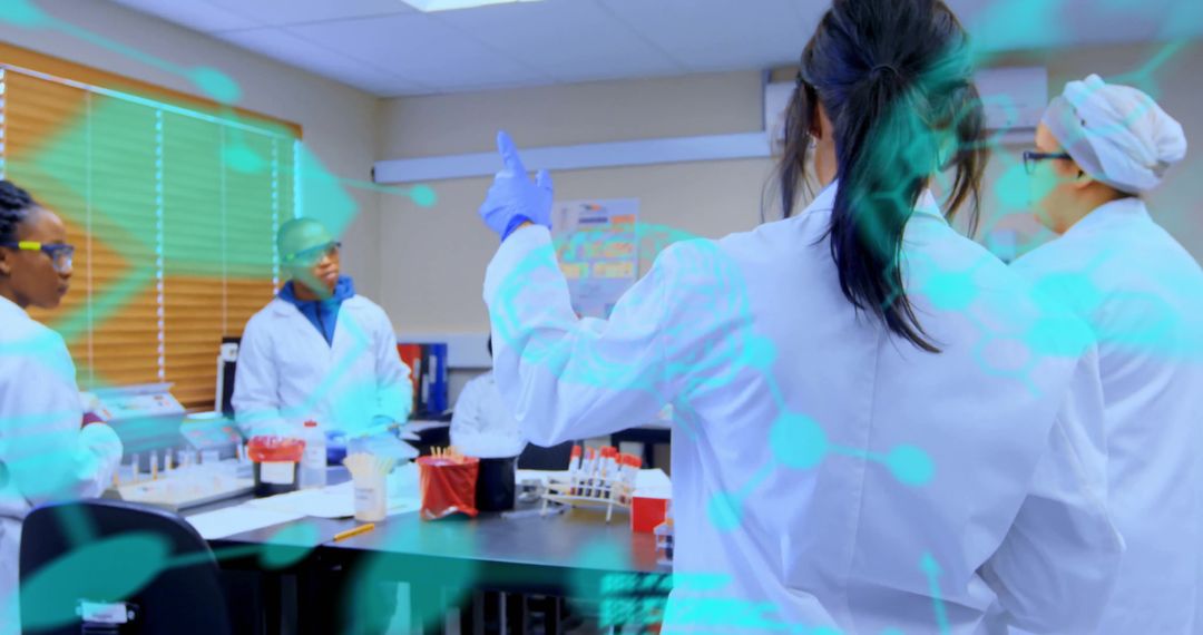 Diverse Scientists Collaborating Amidst Digital Data Interaction