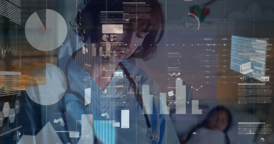 Healthcare Technology with Female Doctor and Data Visualizations