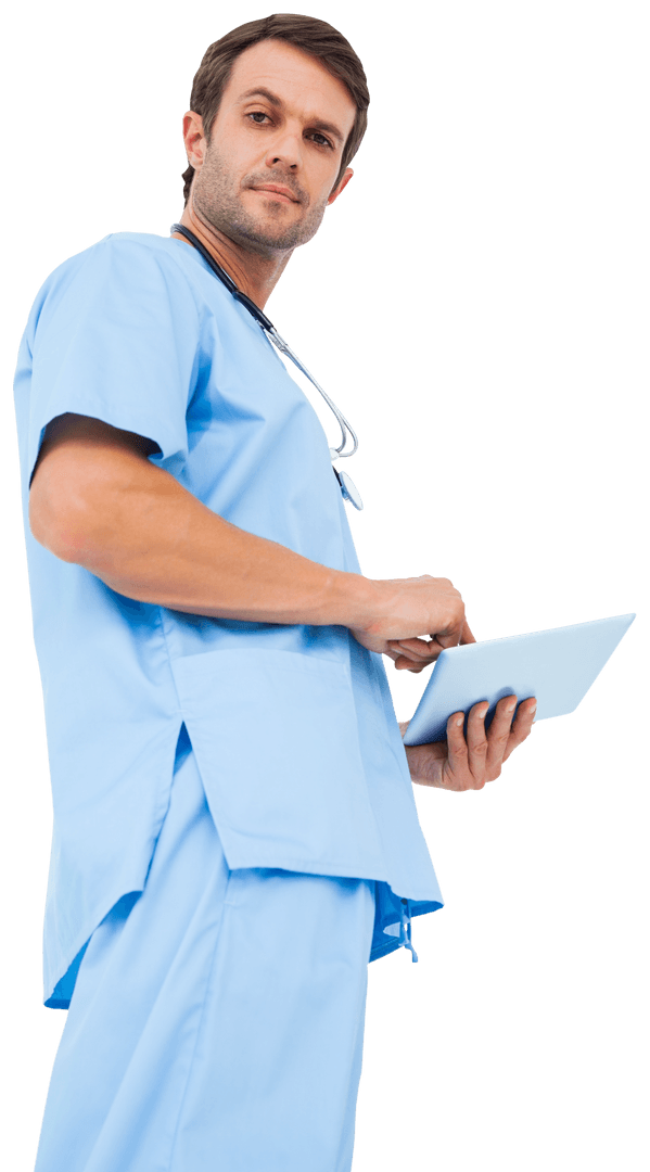 Transparent Surgeon Using Tablet in Blue Scrubs
