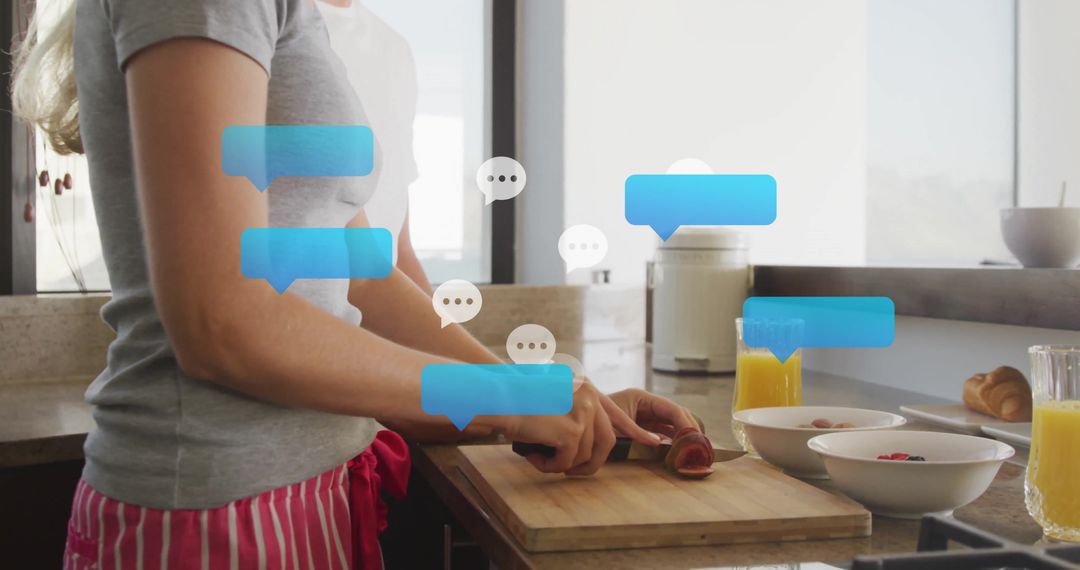 Person Chopping Vegetables with Digital Communication Overlay