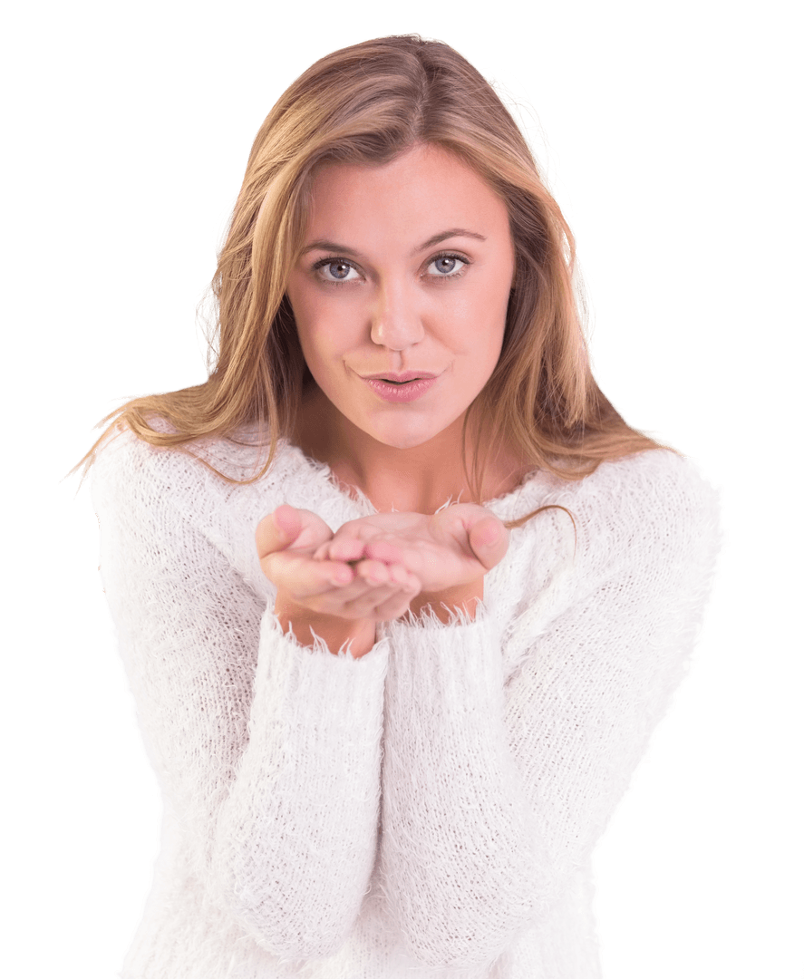 Elegant Blonde Woman Blowing a Kiss Transparent Background