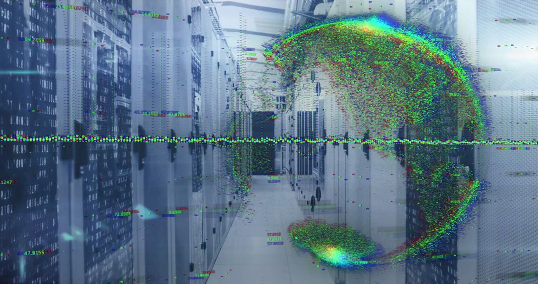 Pixel globe and data flow in server room for global networking
