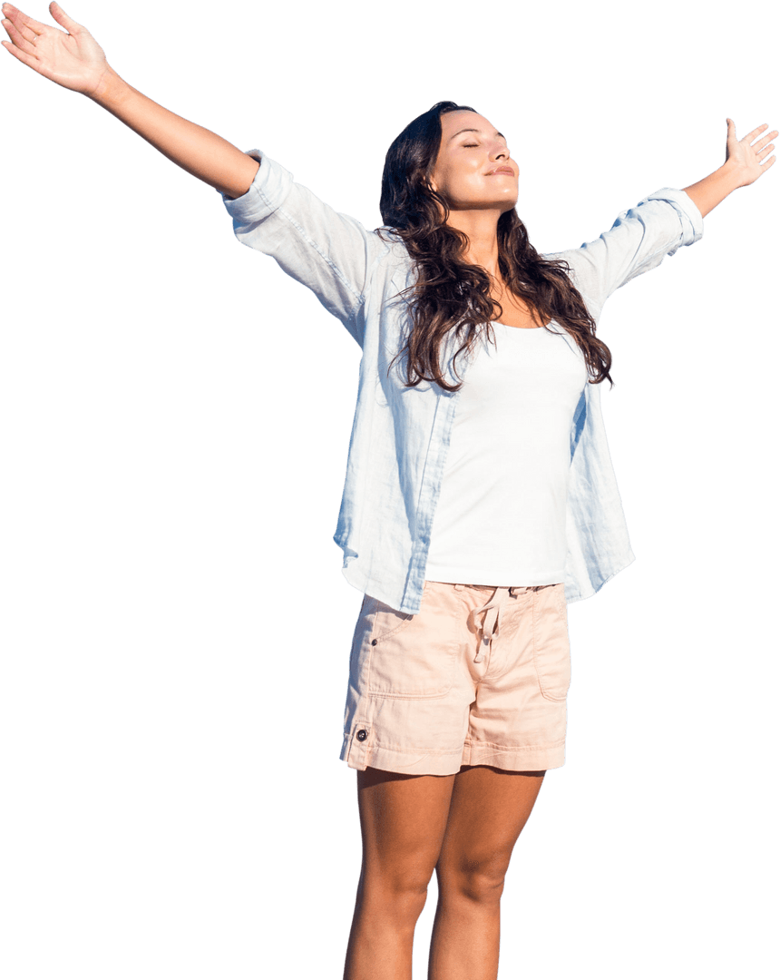 Happy Caucasian Woman with Arms Raised Transparent Background