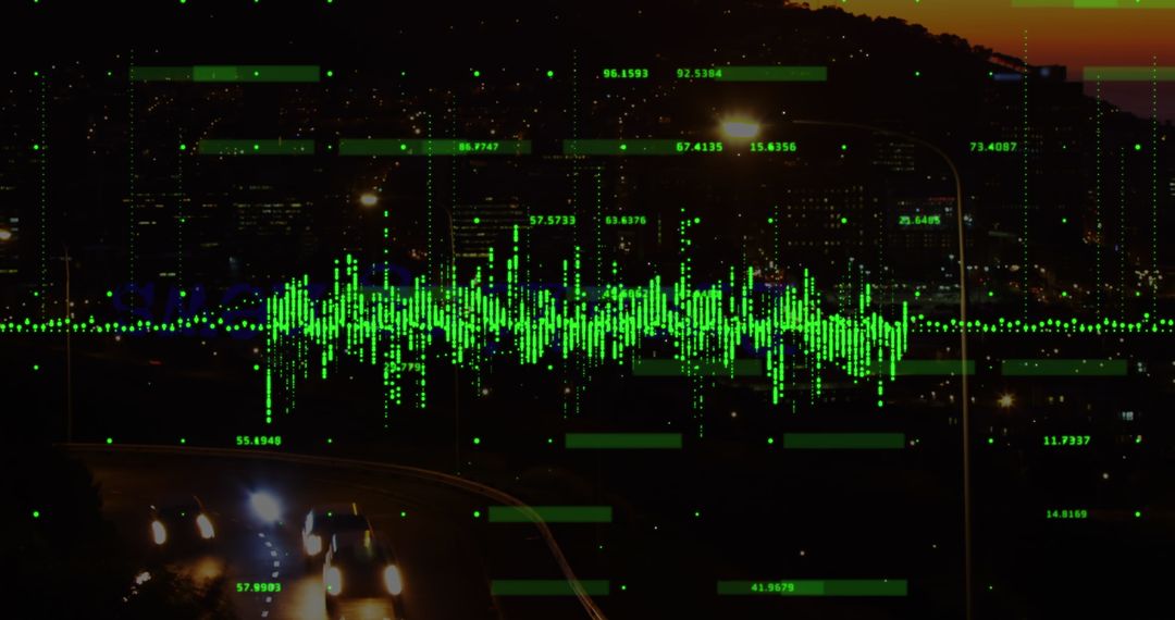 Digital Soundwaves and Traffic in Silhouette Cityscape