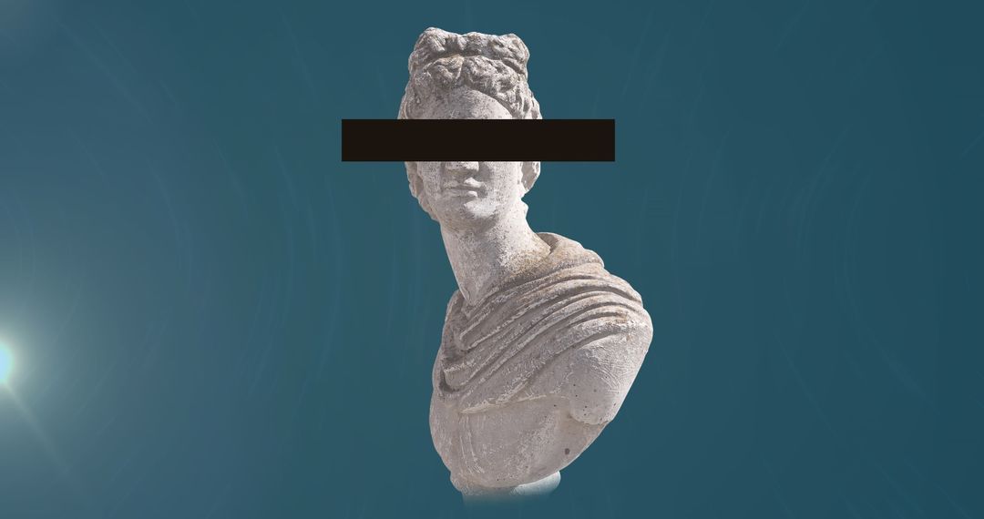 Head Statue with Privacy Black Stripe on Modern Blue Background