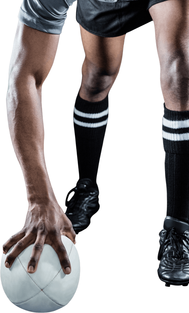 Athlete Holding Rugby Ball with Transparent Background Focused Lower View