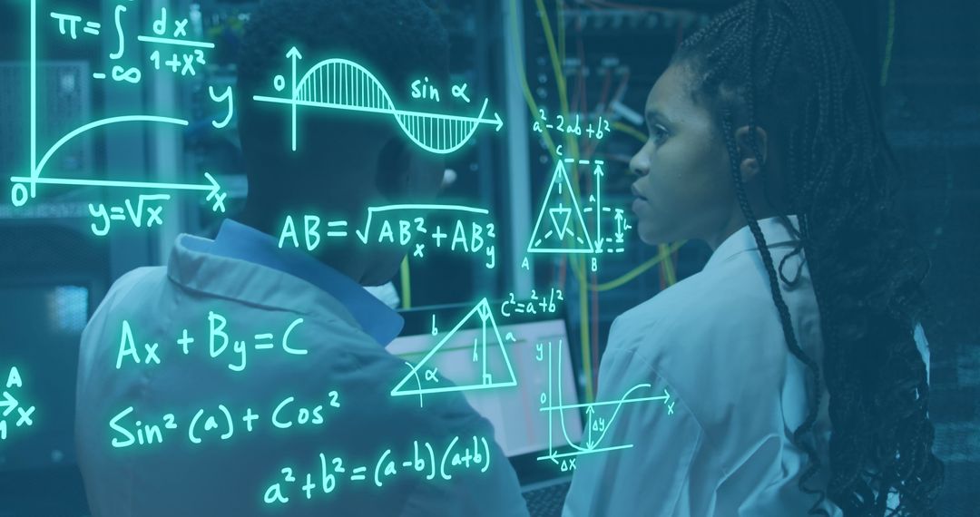 Engineers Analyzing Mathematical Equations in Data Center