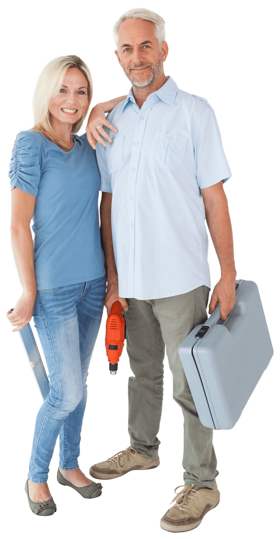 Cheerful Couple Holding DIY Tools on Transparent Background