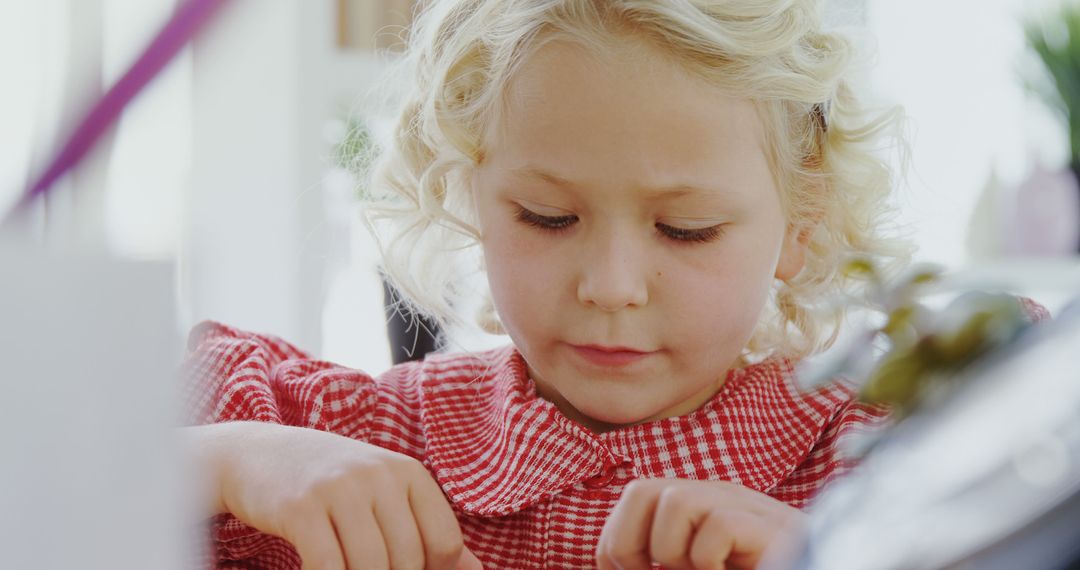 Focused Young Child in Red Gingham Dress Engaged in Activity - Free Images, Stock Photos and Pictures on Pikwizard.com