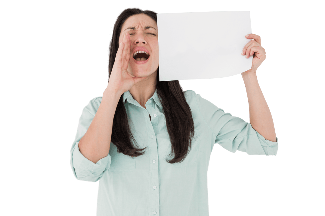 Woman Shouting While Holding Blank Paper on Transparent Background