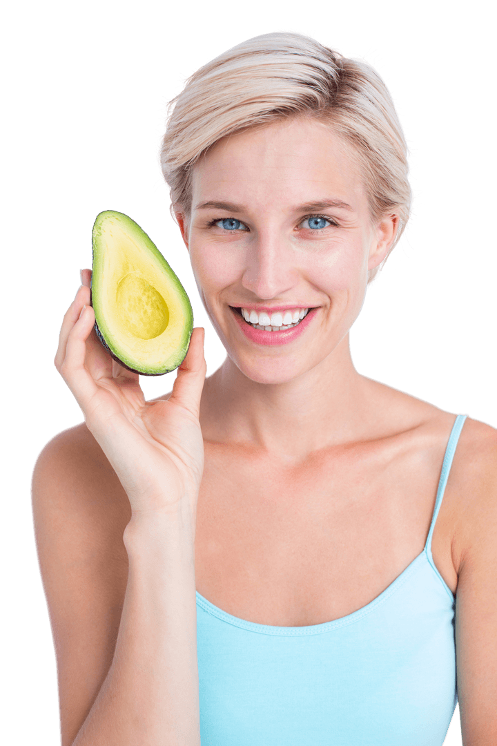 Smiling Woman Holding Avocado Showing Freshness and Health on Transparent Background