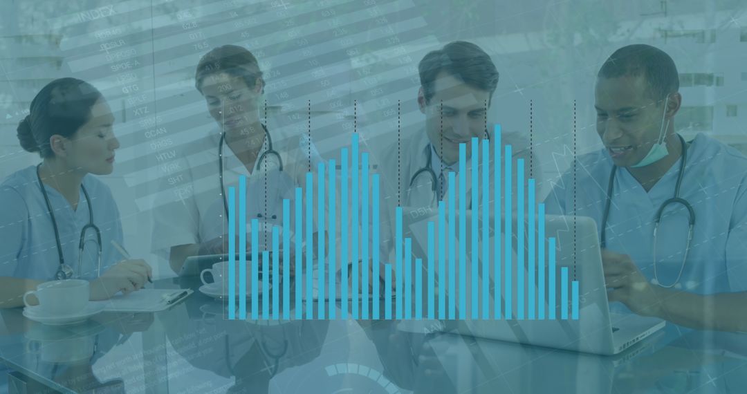 Healthcare Professionals Collaborating with Data Visualization Overlay