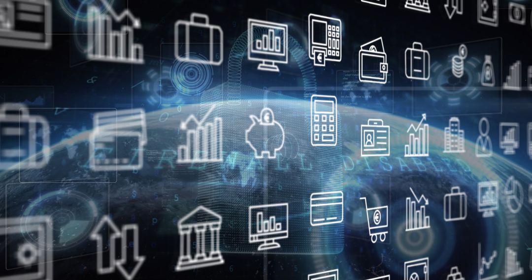 Digital Icons Over Globe Representing Cyber Security and Business Technology