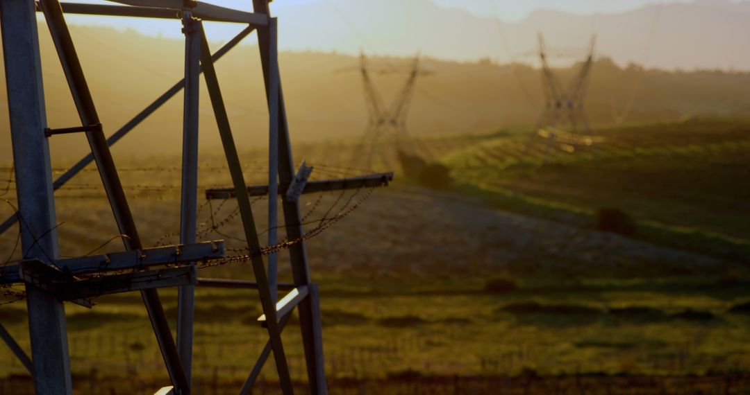 Sunset Landscape with Power Lines and Pylons in Countryside - Free Images, Stock Photos and Pictures on Pikwizard.com