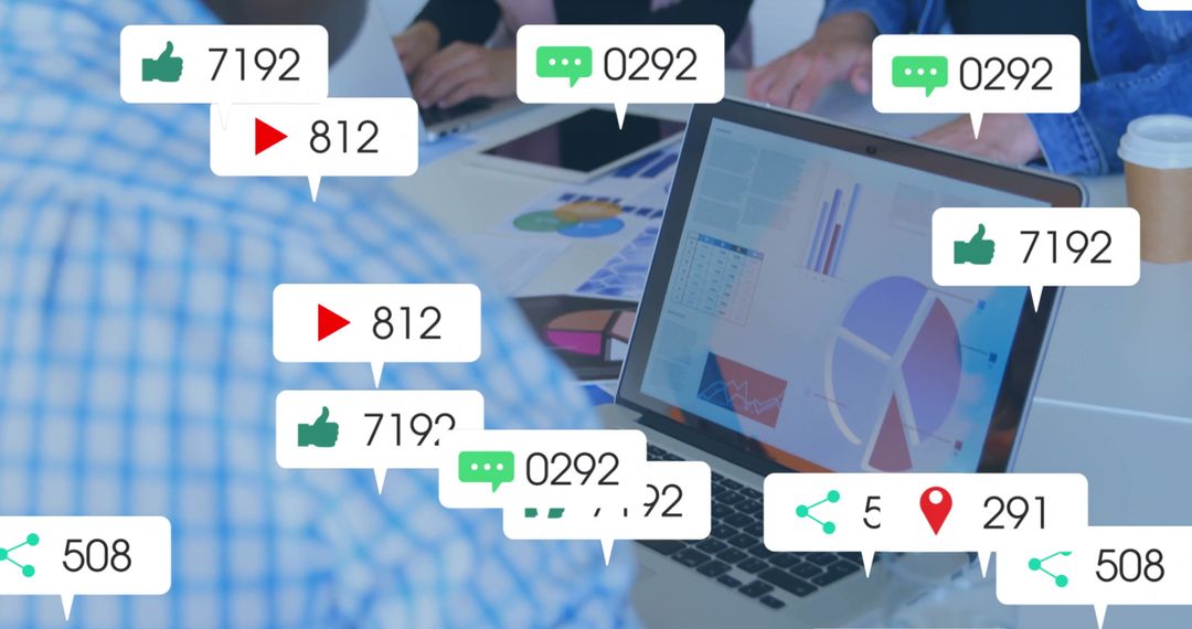 Team Analyzing Business Data with Overlay of Social Media Analytics Icons