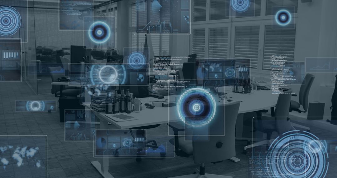 Futuristic Office with Data Hologram Interface and Global Connectivity