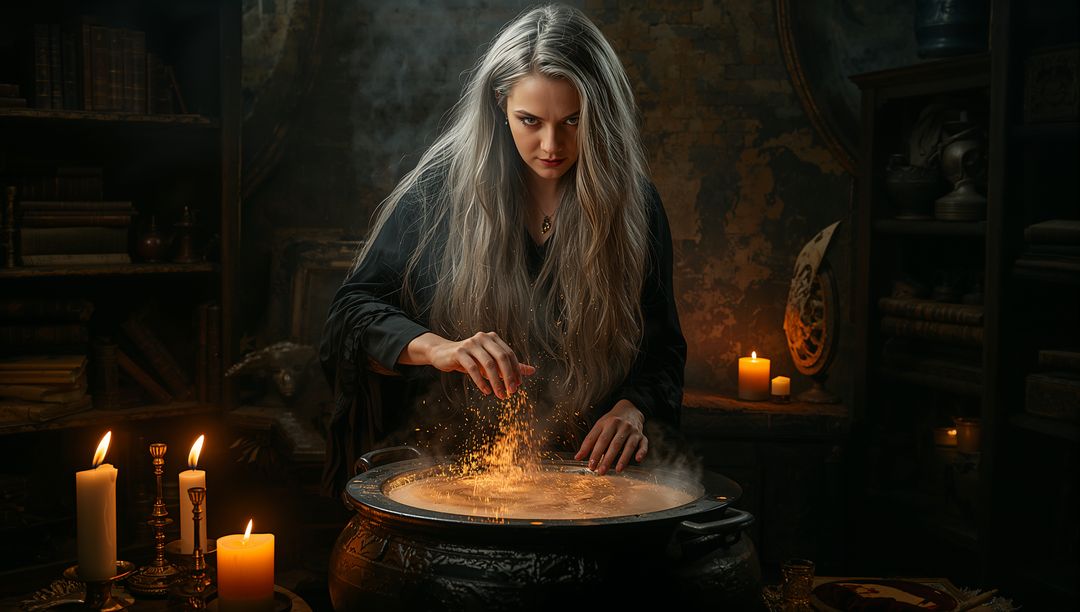Enchanting Sorceress Performing Ritual in Candlelit Chamber