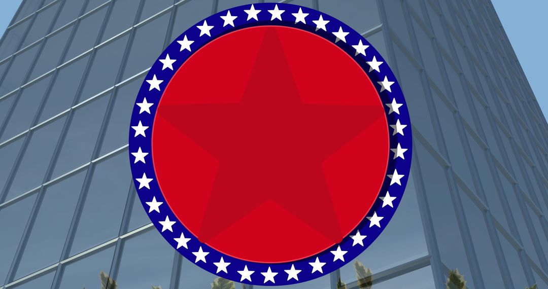 Modern Office Building with Red Star Emblem Design