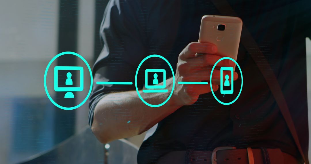Business Professional Using Smartphone with Digital Connectivity Icons