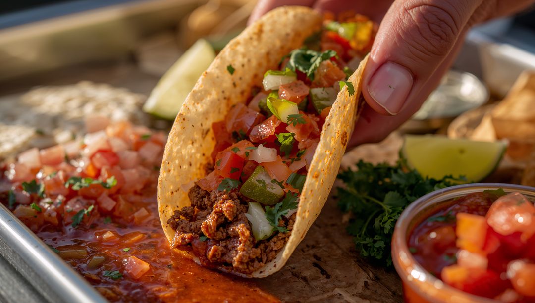 Hand Holding Taco with Meat and Pico de Gallo Above Tray