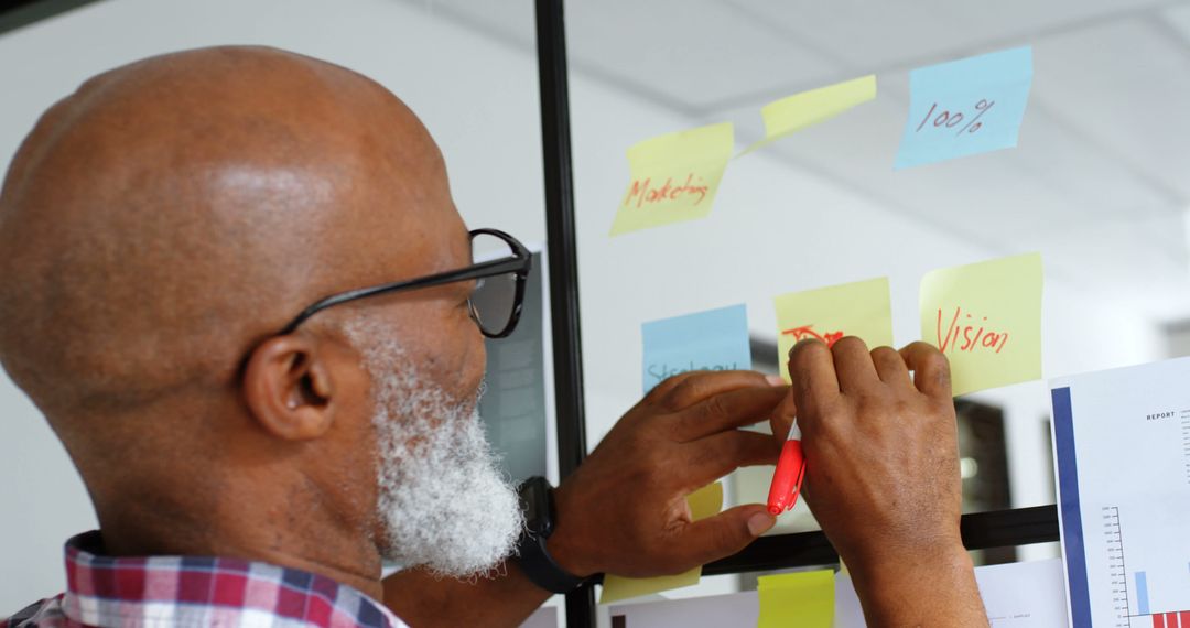 Focused Businessman Strategizing with Sticky Notes in Office