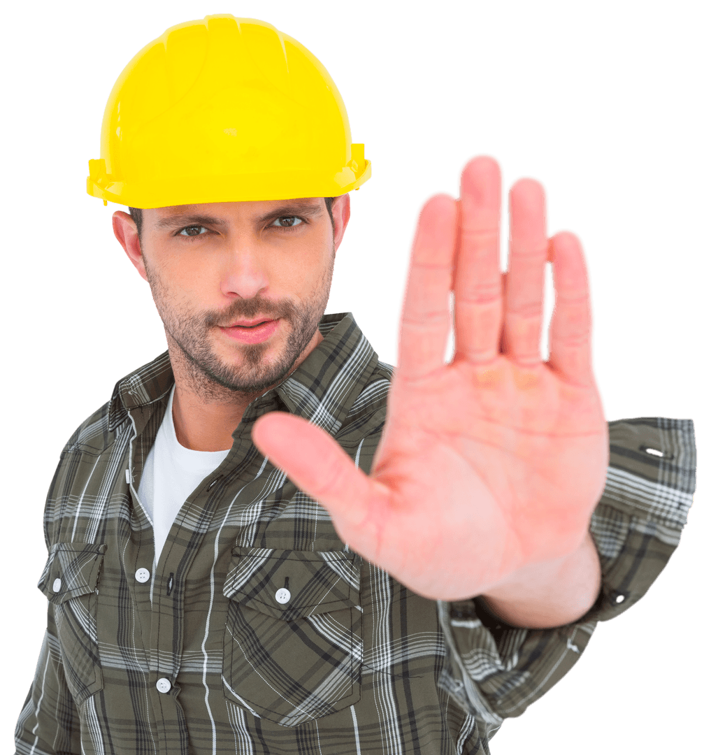 Confident Worker Gesturing Stop with Transparent Background