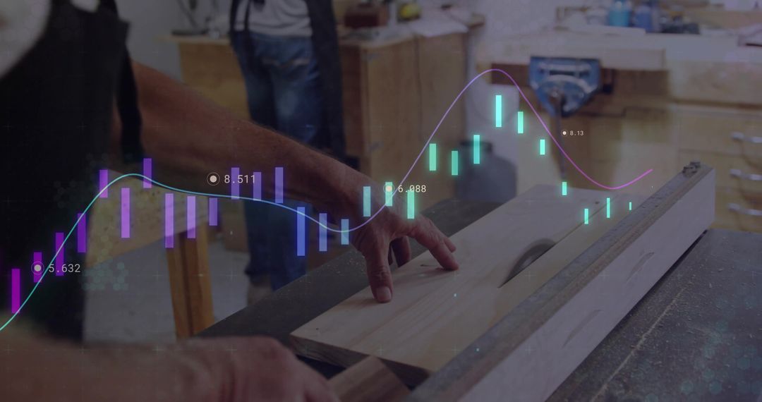 Carpenter Working on Table Saw with Financial Chart Overlay Symbolizing Precision