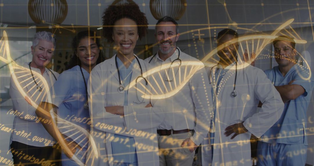 Diverse Medical Team Collaborating in Research with DNA Overlay