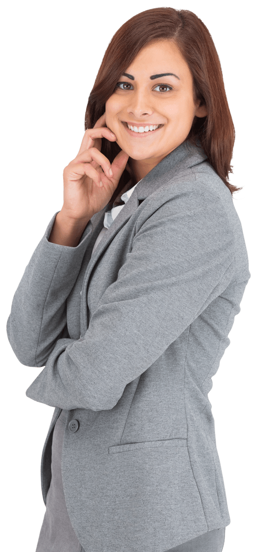 Smiling Businesswoman on Transparent Background in Gray Suit