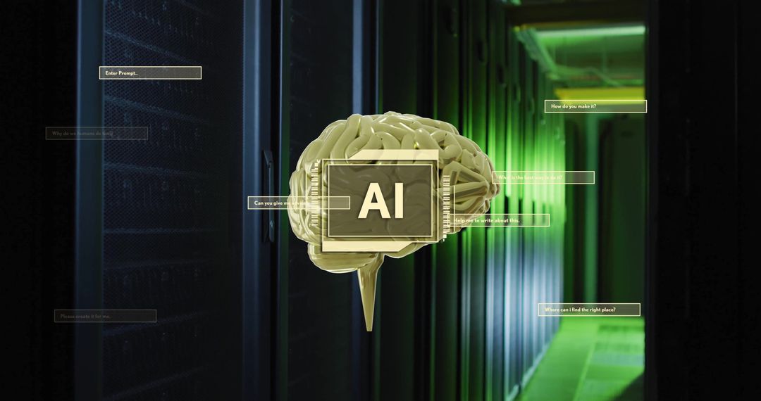 AI Brain with Digital Interface in Server Room