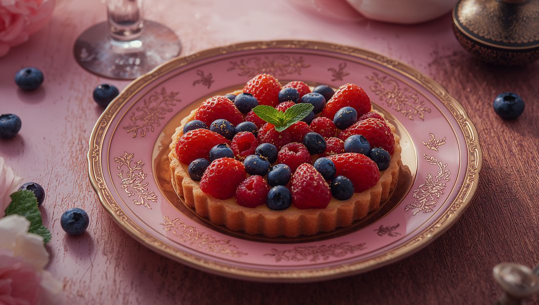 Elegantly Presented Berry Tart with Fresh Raspberries and Blueberries