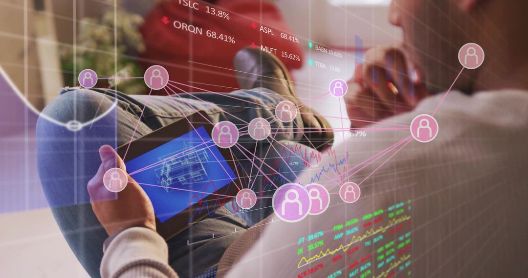 Senior Woman and Adult Man Using Tablet with Augmented Reality Finance Overlays